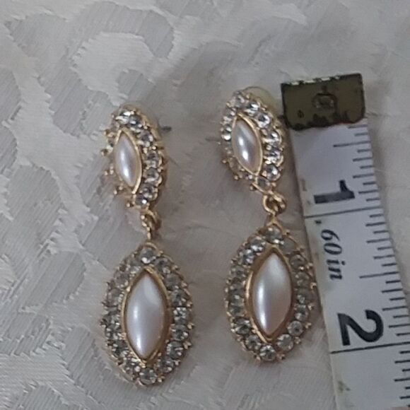 Gold Tone Faux Pearl Rhinestone Pierced Earrings Vintage - Picture 7 of 8